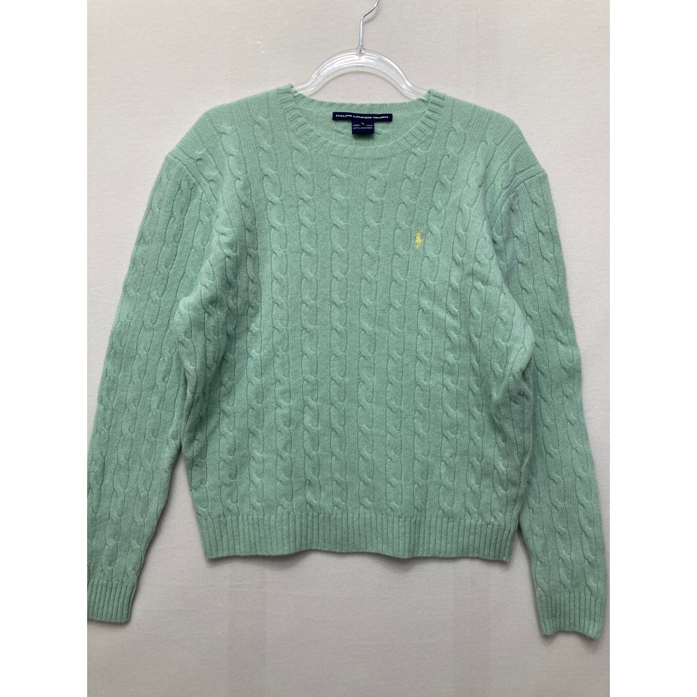 Vintage Ralph Lauren Cable Knit Sweater XL Mint Green Lambswool Preppy Old Money